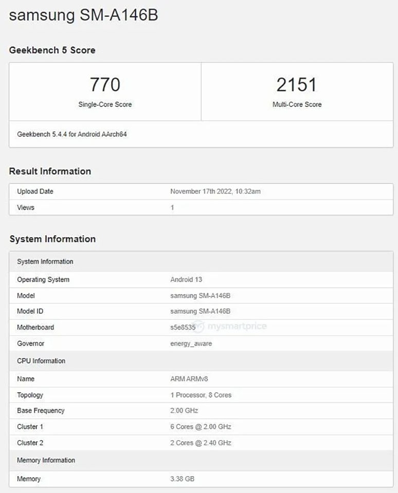 Galaxy A14 5G xuất hiện trên Geekbench