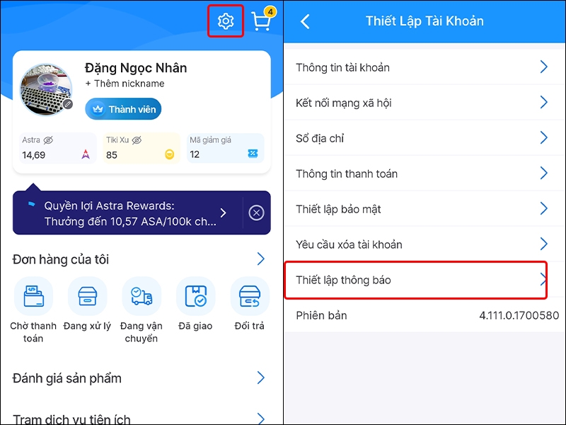 Cách bật, tắt thông báo ứng dụng Tiki trên điện thoại
