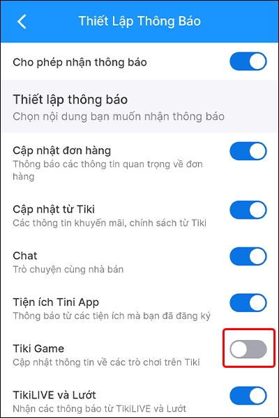 Cách bật, tắt thông báo ứng dụng Tiki trên điện thoại