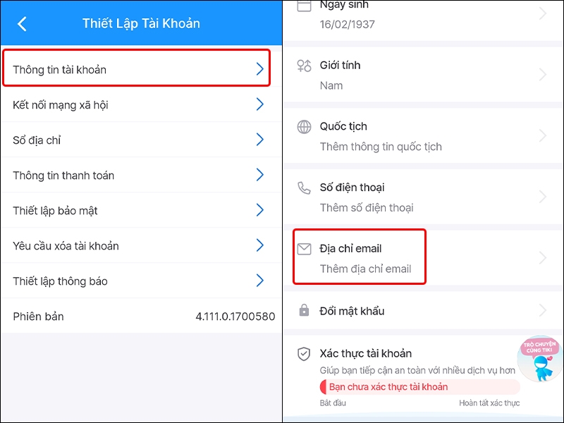 Hướng dẫn thêm địa chỉ email vào tài khoản Tiki