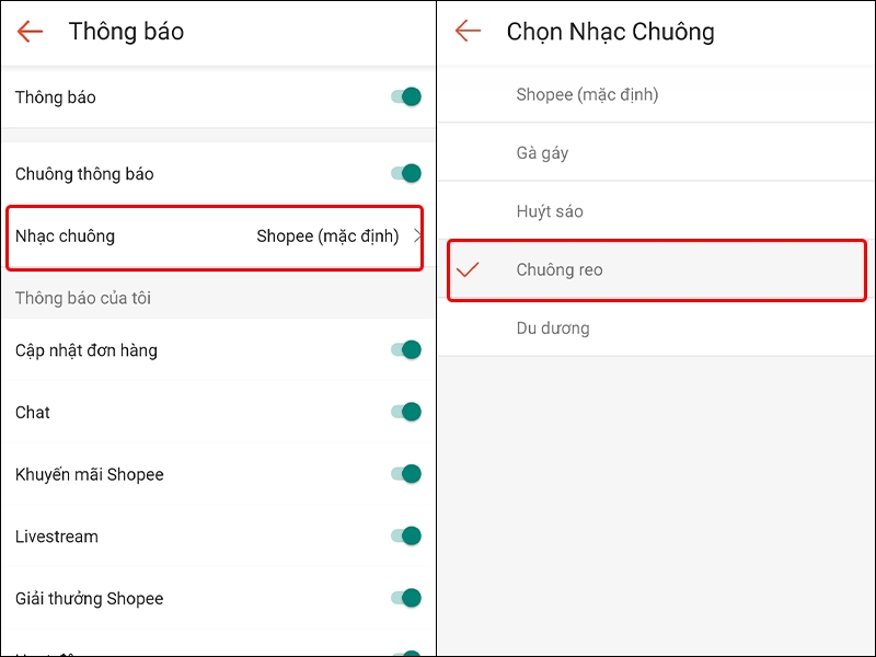 Cách bật thông báo và thay đổi nhạc chuông Shopee