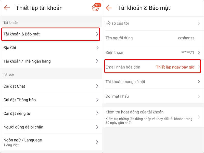 Cách thêm email nhận hóa đơn trên ứng dụng Shopee