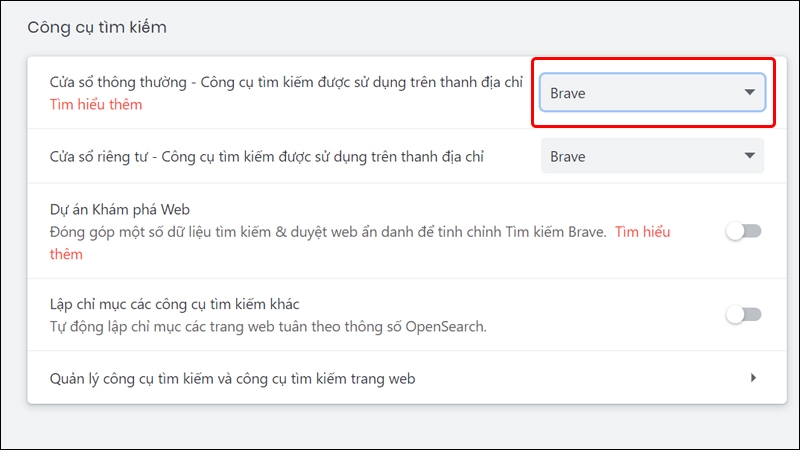Cách thay đổi công cụ tìm kiếm cho trình duyệt Brave trên máy tính