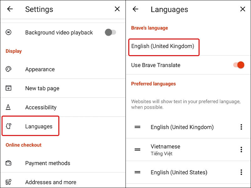 Cách thay đổi ngôn ngữ trình duyệt Brave sang tiếng Việt bằng điện thoại
