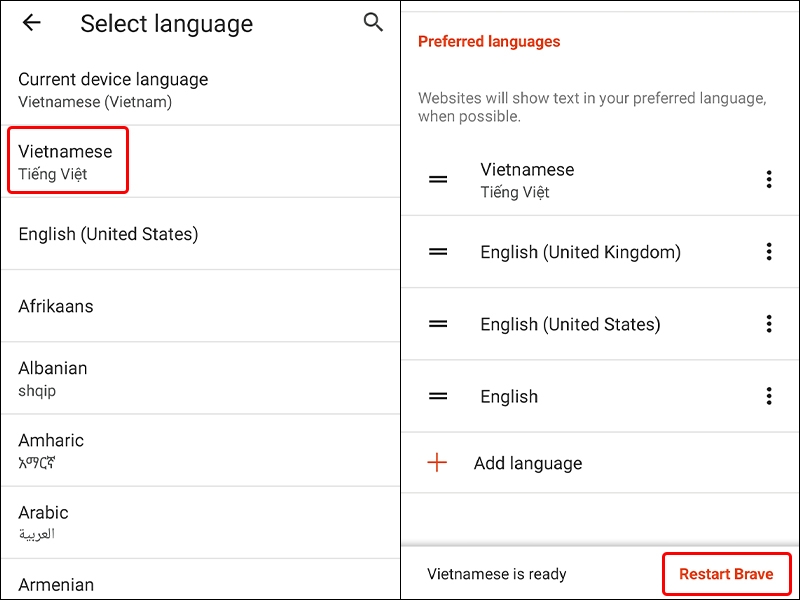 Cách thay đổi ngôn ngữ trình duyệt Brave sang tiếng Việt bằng điện thoại