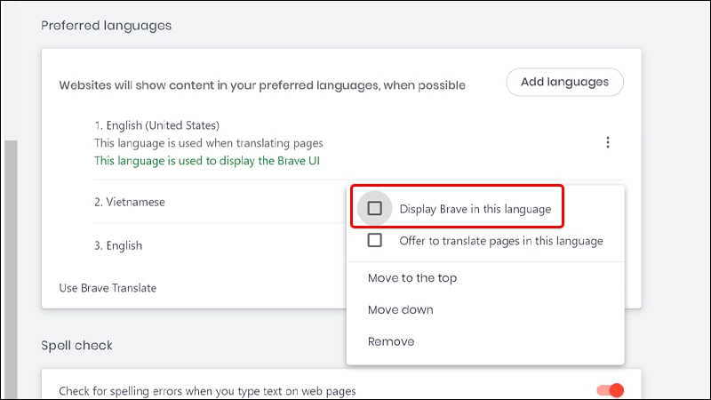 Cách thay đổi ngôn ngữ trình duyệt Brave sang tiếng Việt bằng máy tính