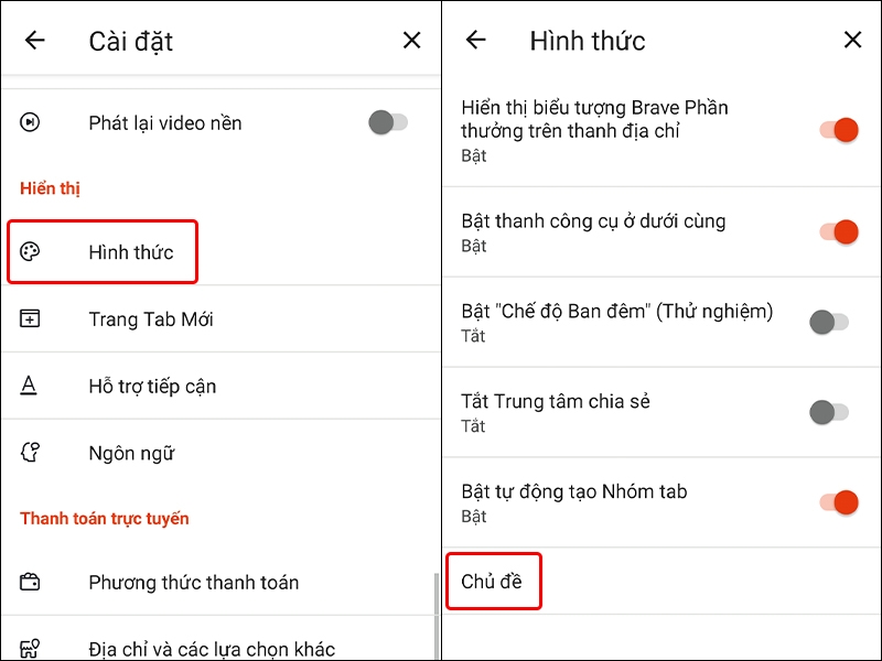 Cách thay đổi chủ đề trình duyệt Brave trên điện thoại