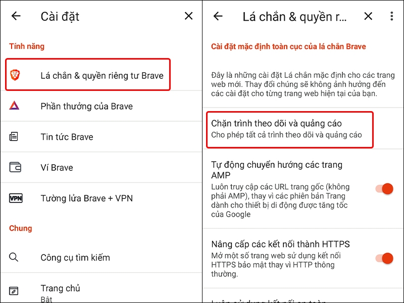 Kích hoạt trình theo dõi & quảng cáo trên trình duyệt Brave bằng điện thoại