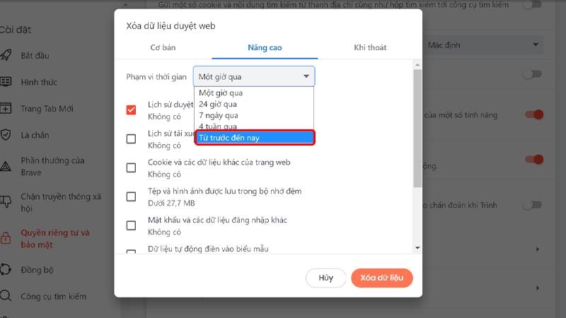 Cách xóa toàn bộ dữ liệu duyệt web trên trình duyệt Brave bằng máy tính