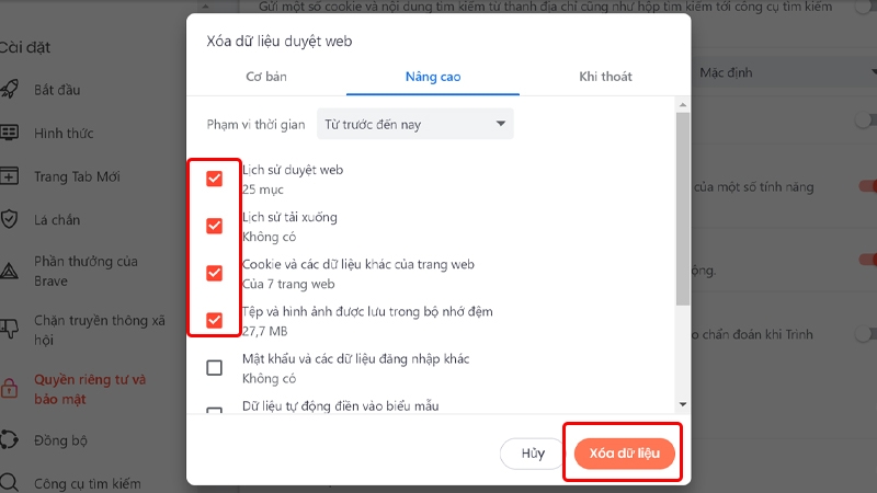 Cách xóa toàn bộ dữ liệu duyệt web trên trình duyệt Brave bằng máy tính