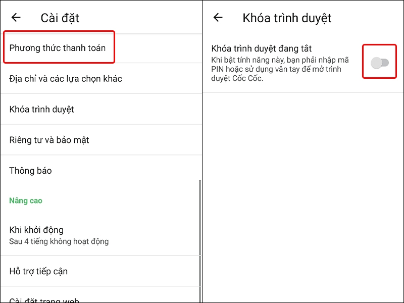 Cách&nbsp;kích hoạt tính năng Khóa trình duyệt trên ứng dụng Cốc Cốc