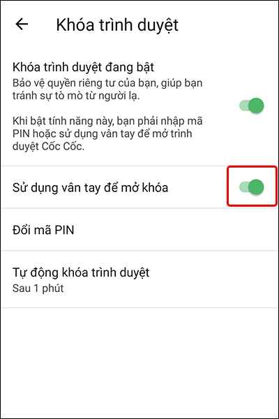 Cách&nbsp;kích hoạt tính năng Khóa trình duyệt trên ứng dụng Cốc Cốc