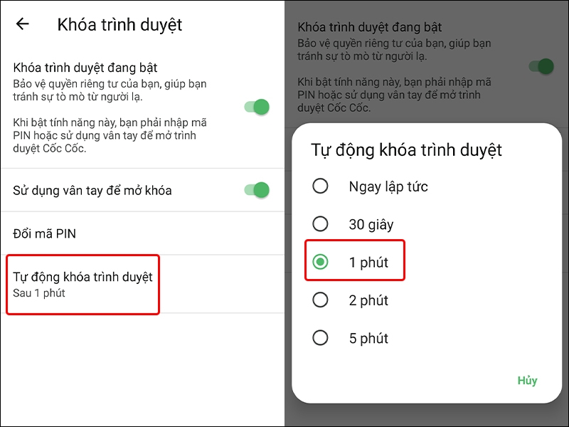 Cách&nbsp;kích hoạt tính năng Khóa trình duyệt trên ứng dụng Cốc Cốc