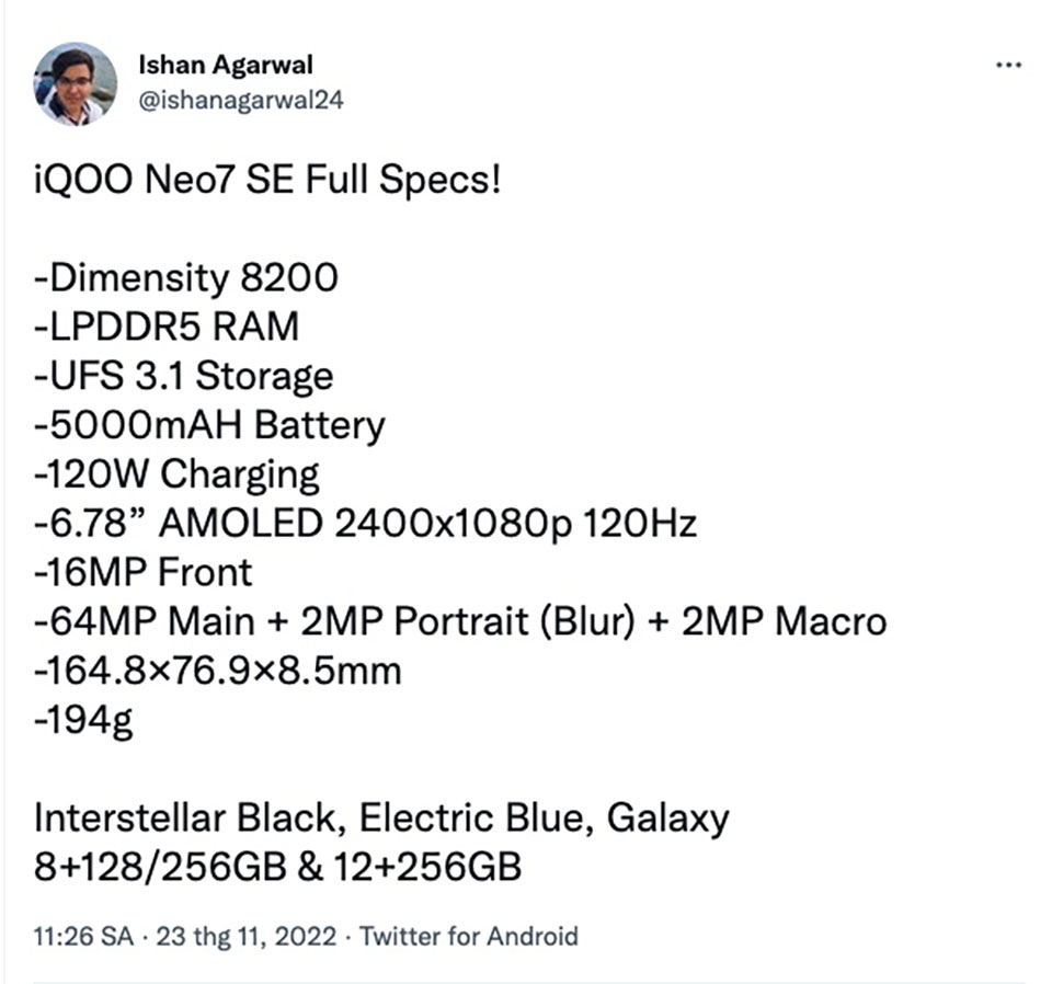 Cấu hình iQOO Neo 7 SE