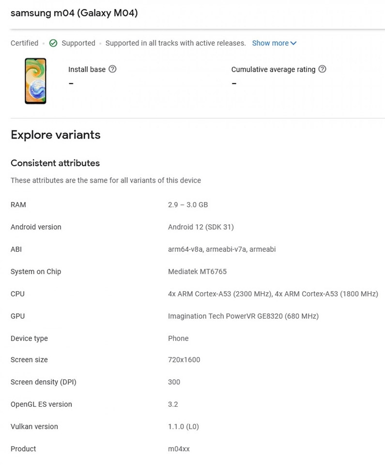 Samsung Galaxy M04 với chip Helio G35 được phát hiện trên Google Play Console