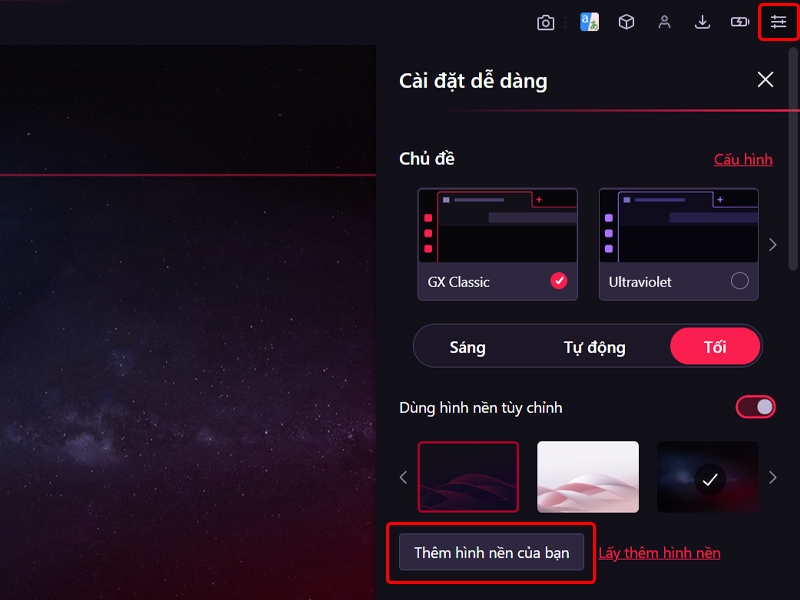 Cách thay đổi hình nền trình duyệt Opera GX trên máy tính