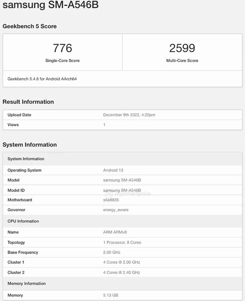 Galaxy A54 5G lộ cấu hình trên Geekbench