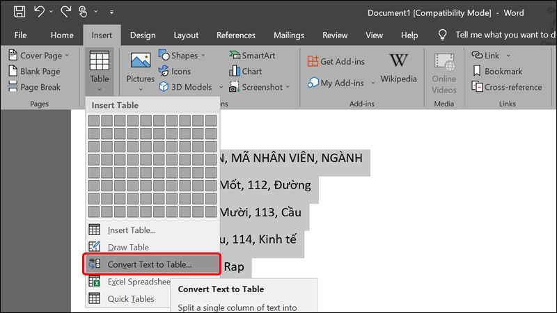 Cách chuyển đổi văn bản sang dạng bảng hàng loạt trong Word