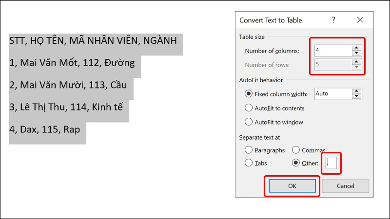 Cách chuyển đổi văn bản sang dạng bảng hàng loạt trong Word