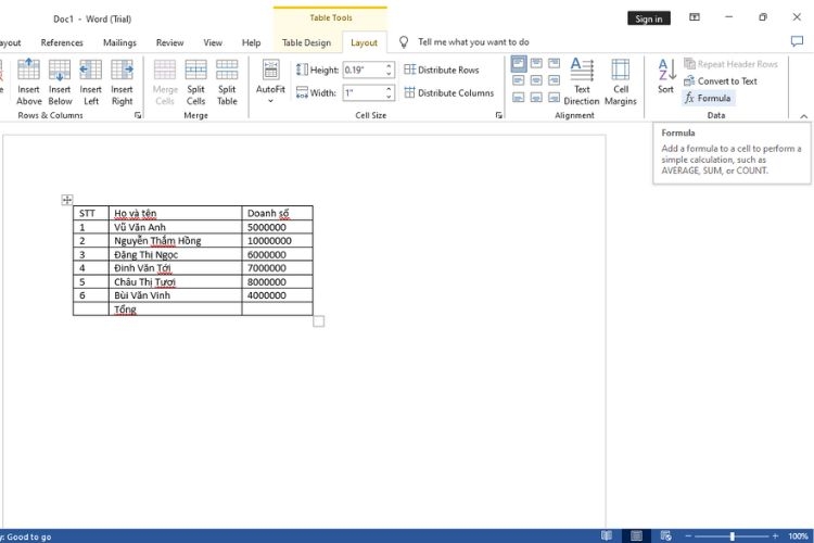 tính tổng trong word  2