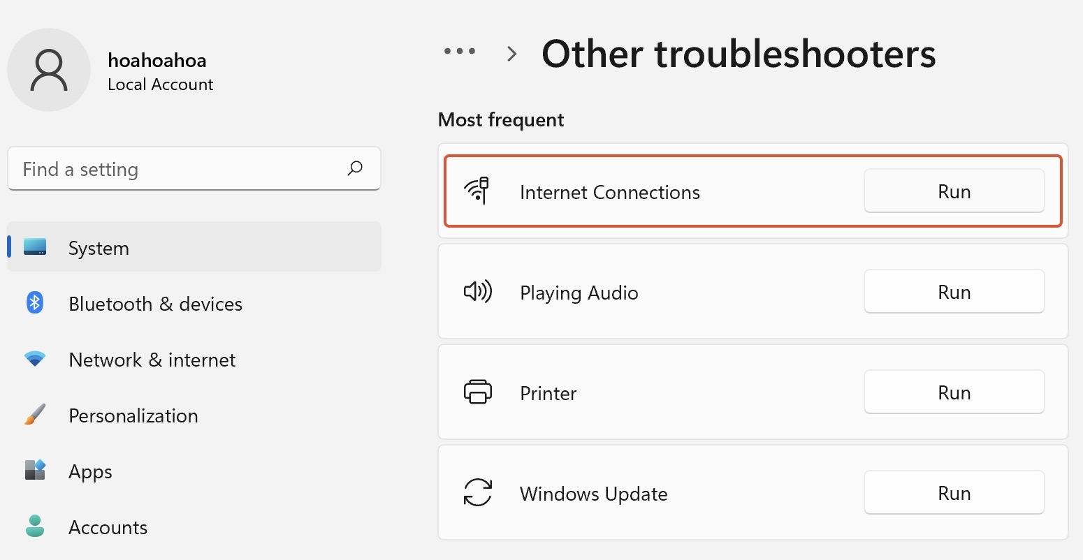 chạy công cụ khắc phục lỗi kết nối trên windows 11