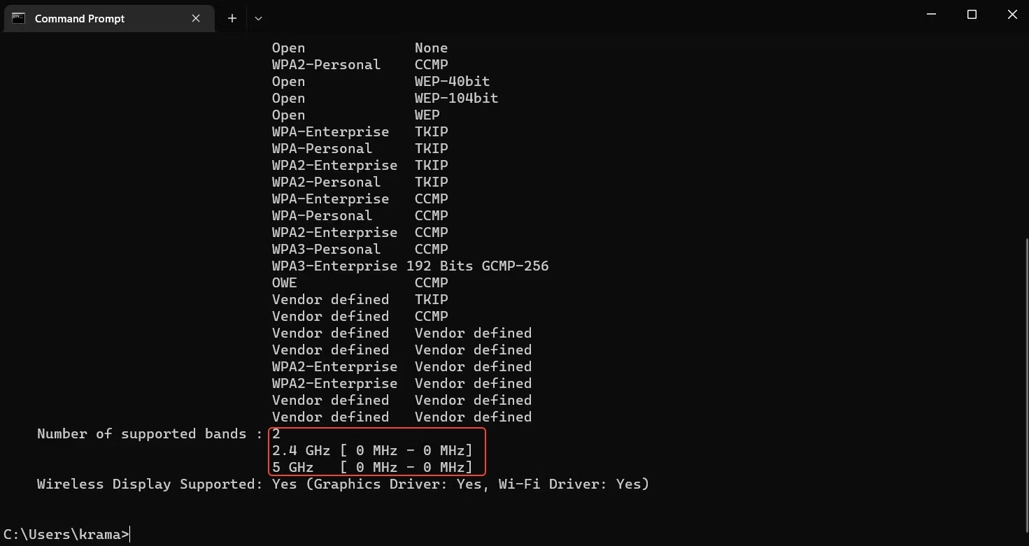 kiểm tra băng tần wifi mà máy tính hỗ trợ