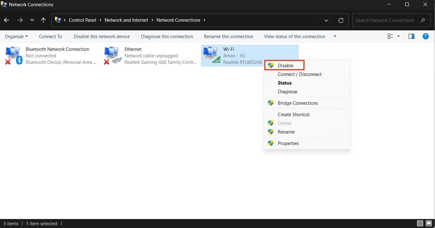 tắt và bật lại wifi adapter