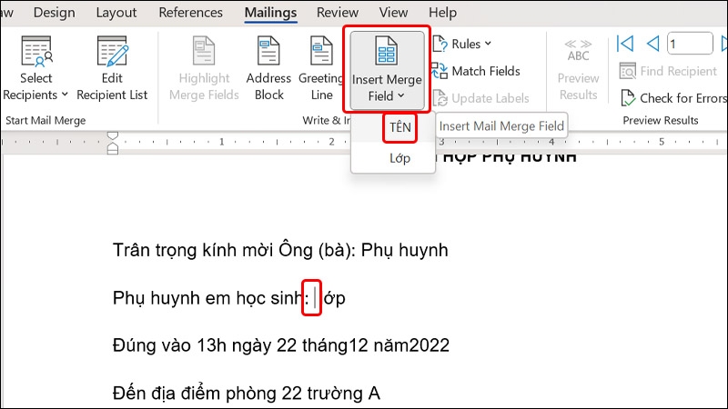 Cách tạo giấy mời hàng loạt trong Word