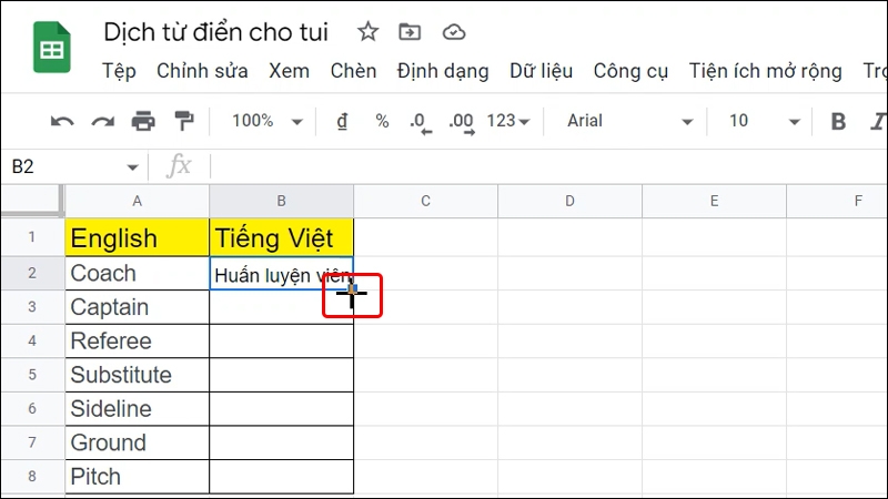 Cách dịch từ điển với Google Sheet bằng máy tính