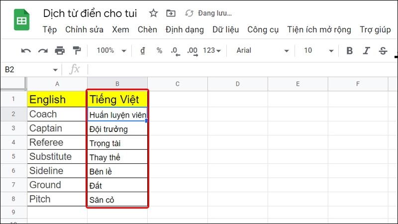 Cách dịch từ điển với Google Sheet bằng máy tính