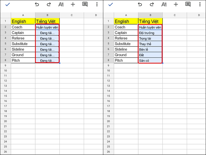 Cách dịch từ điển với Google Sheet bằng điện thoại