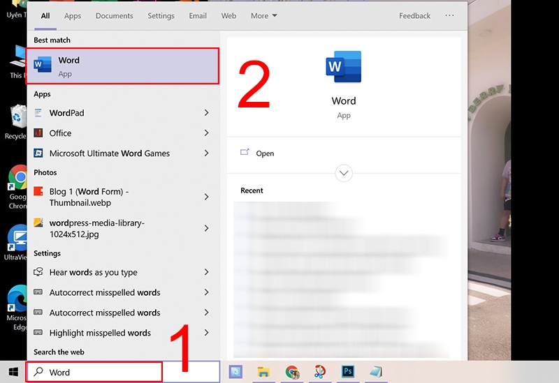 Mở Word thông qua hộp thoại tìm kiếm