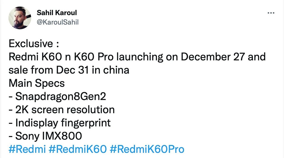 Xiaomi Redmi K60 series sẽ ra mắt vào ngày 27/12