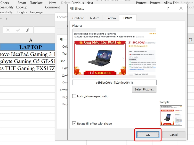 Hướng dẫn chèn hình vào trong nội dung Excel