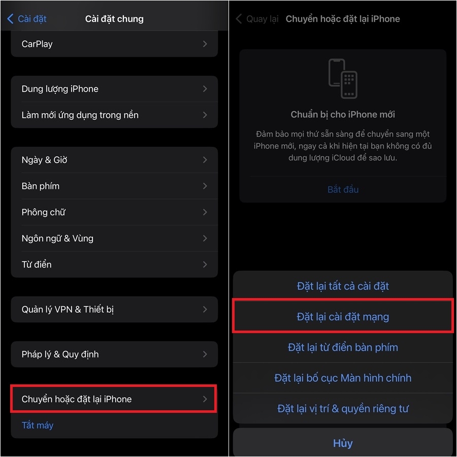 Đặt lại cài đặt mạng khắc phục iPhone sóng yếu