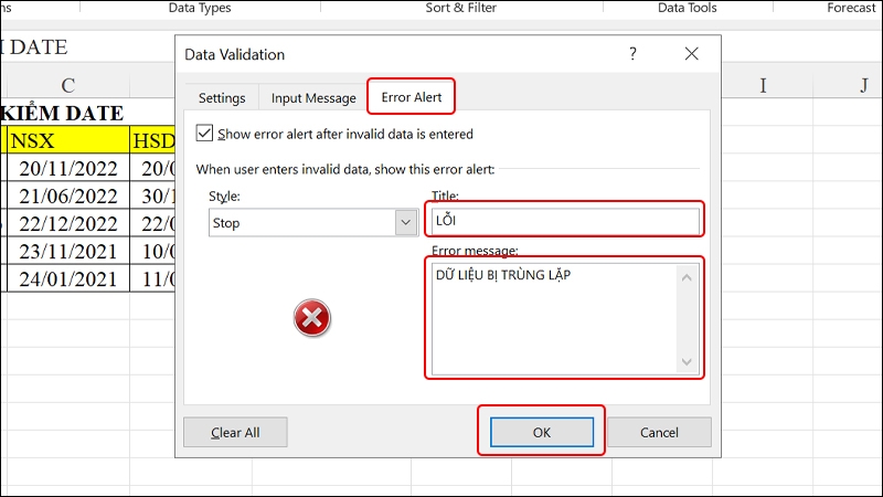 Cách tạo thông báo nhập trùng dữ liệu trong Excel