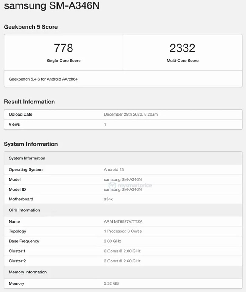 Samsung Galaxy A34 5G lộ cấu hình trên Geekbench với chip Dimensity 1080
