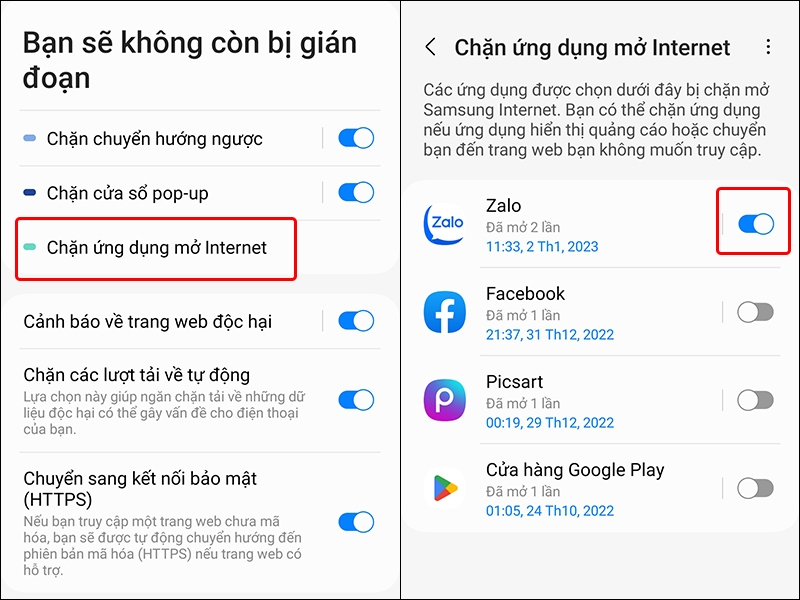 Cách chặn các ứng dụng mở Internet trên trình duyệt Samsung Internet