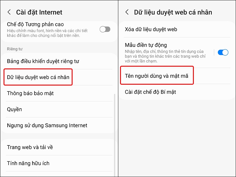 Cách xóa thông tin đăng nhập đã lưu trên trình duyệt Samsung Internet