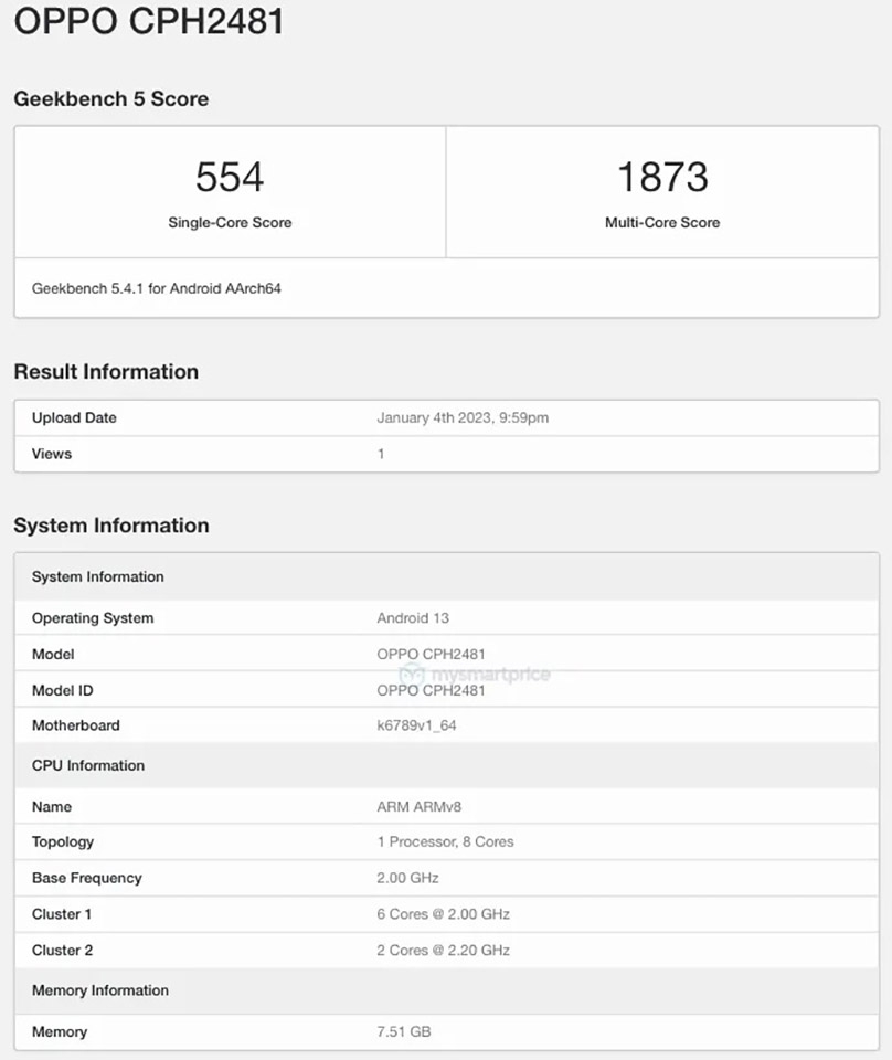 OPPO Reno 8T 4G lộ cấu hình trên Geekbench với chip Helio G99