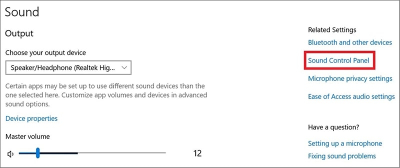 Chọn Sound Control Panel