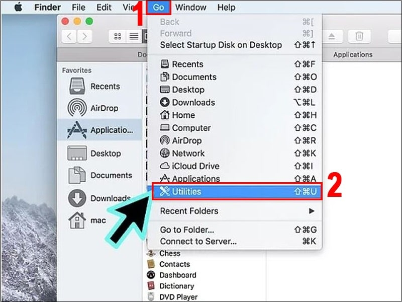 Chọn Go rồi chọn Utilities