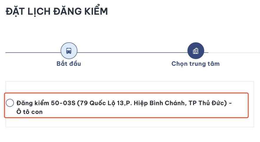 Chọn trung tâm đăng kiểm tương ứng
