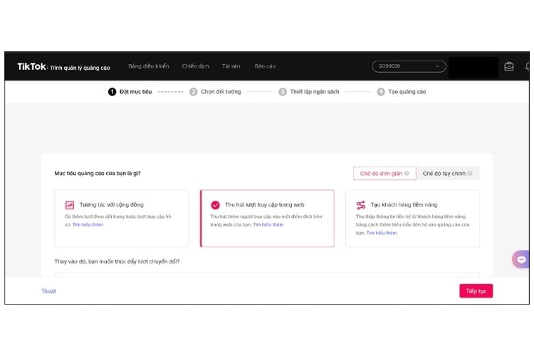 Thiết lập mục tiêu quảng cáo TikTok Ads