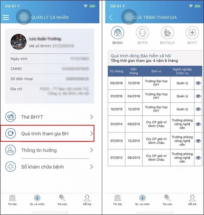 Tra quá trình tham gia BHXH trên ứng dụng VssID