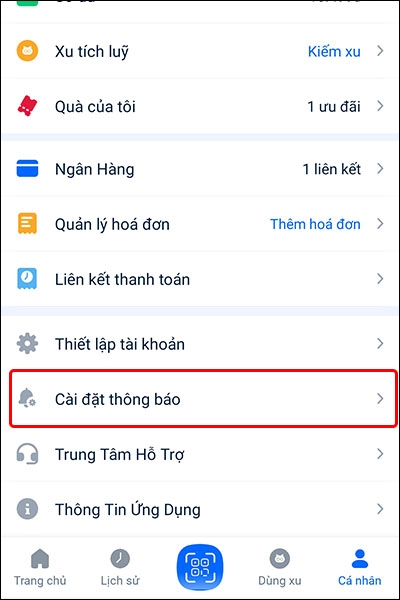 Cách bật/tắt thông báo biến động số dư trên ZaloPay
