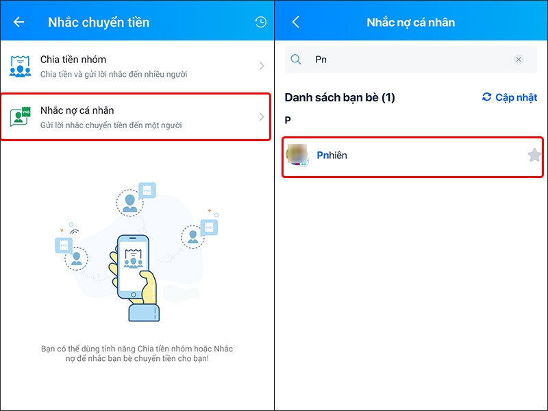 Hướng dẫn gửi lời nhắc chuyển tiền đến một người trên ZaloPay