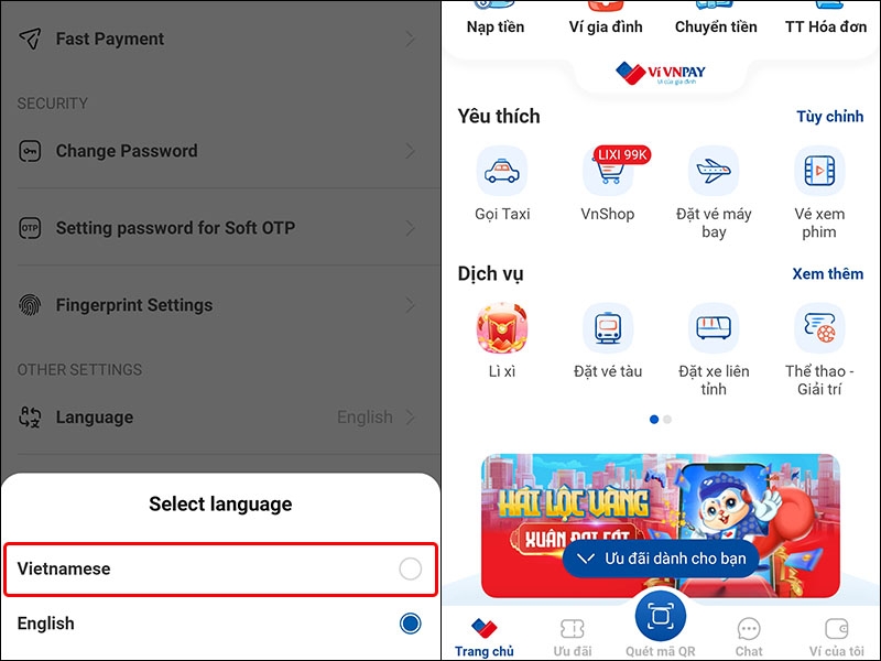 Cách thay đổi ngôn ngữ ứng dụng VNPAY
