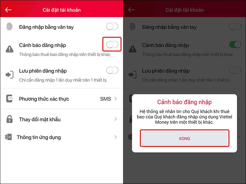 Cách bật cảnh báo đăng nhập trên ứng dụng Viettel Money