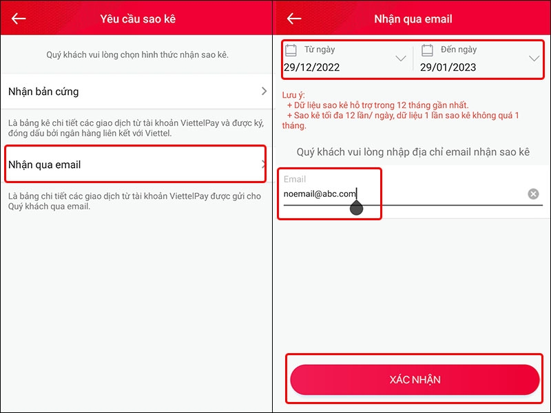 Cách nhận sao kê giao dịch trên ứng dụng Viettel Money bằng email